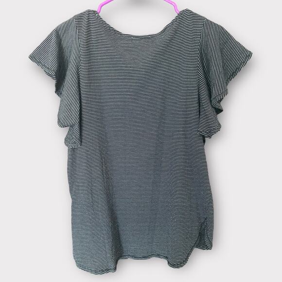 Max Studio Small Striped Short Flutter Sleeve Black White Cotton Poly Stretch - Picture 2 of 7